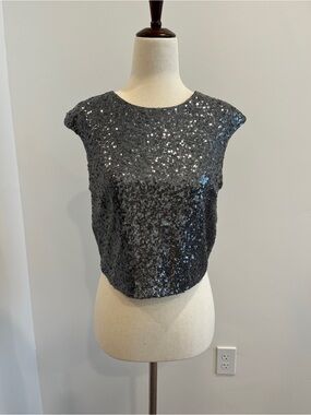 Jenny Yoo Charcoal Gray Sequin Crop Top